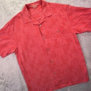 Tulliano Mens Shirt L Coral Red Silk Textured Patchwork Short Sleeve Camp Button